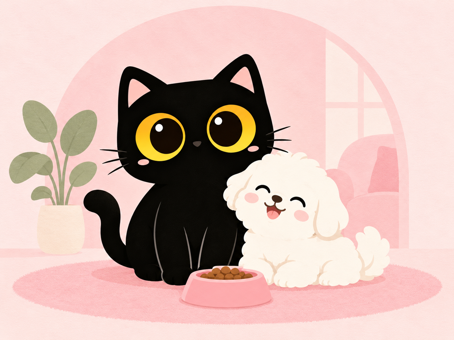 金色大眼睛的小黑猫与白色小狗依偎在粉色地毯上,身旁放着食碗
